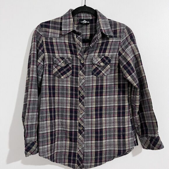 Angie Tops - Angie Navy Blue Plaid Button Up Shirt Size S Western Rodeo Long Sleeve Casual